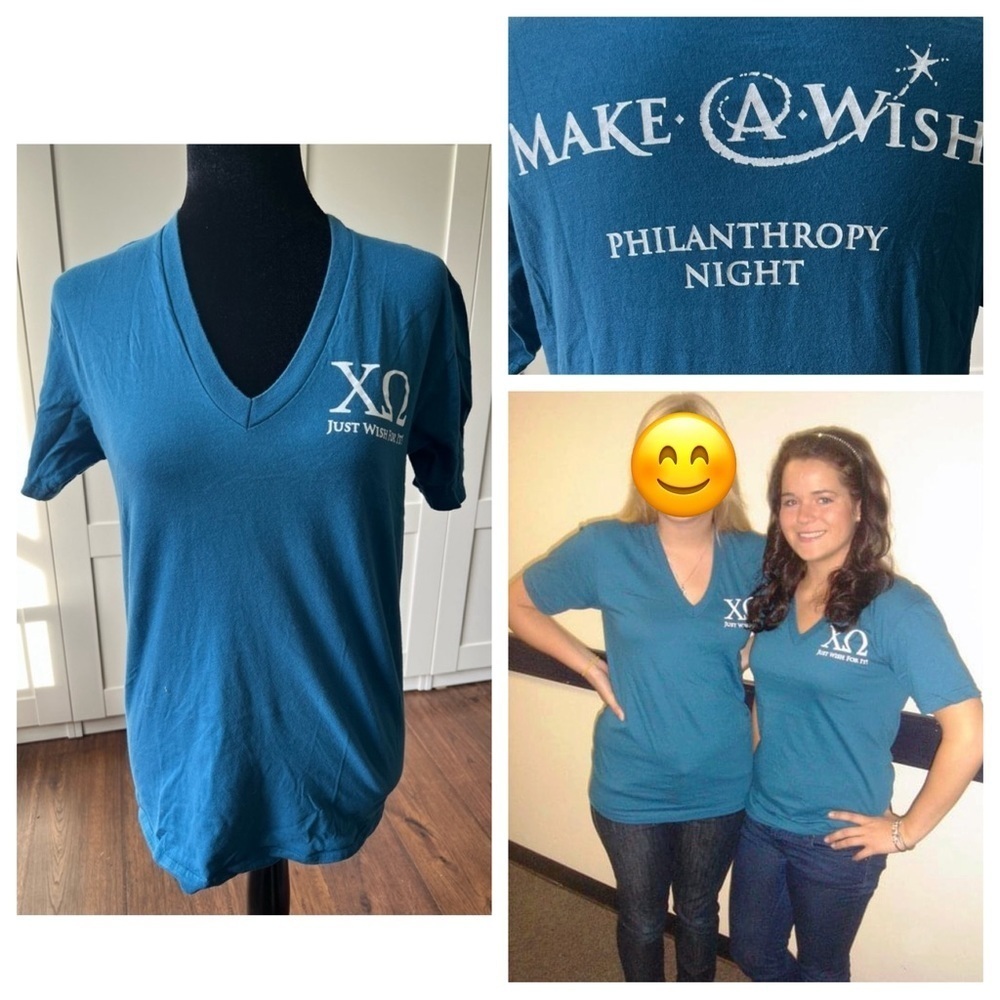 Women’s Chi Omega Sorority XO Philanthropy Make A Wish Teal T-Shirt Size Small